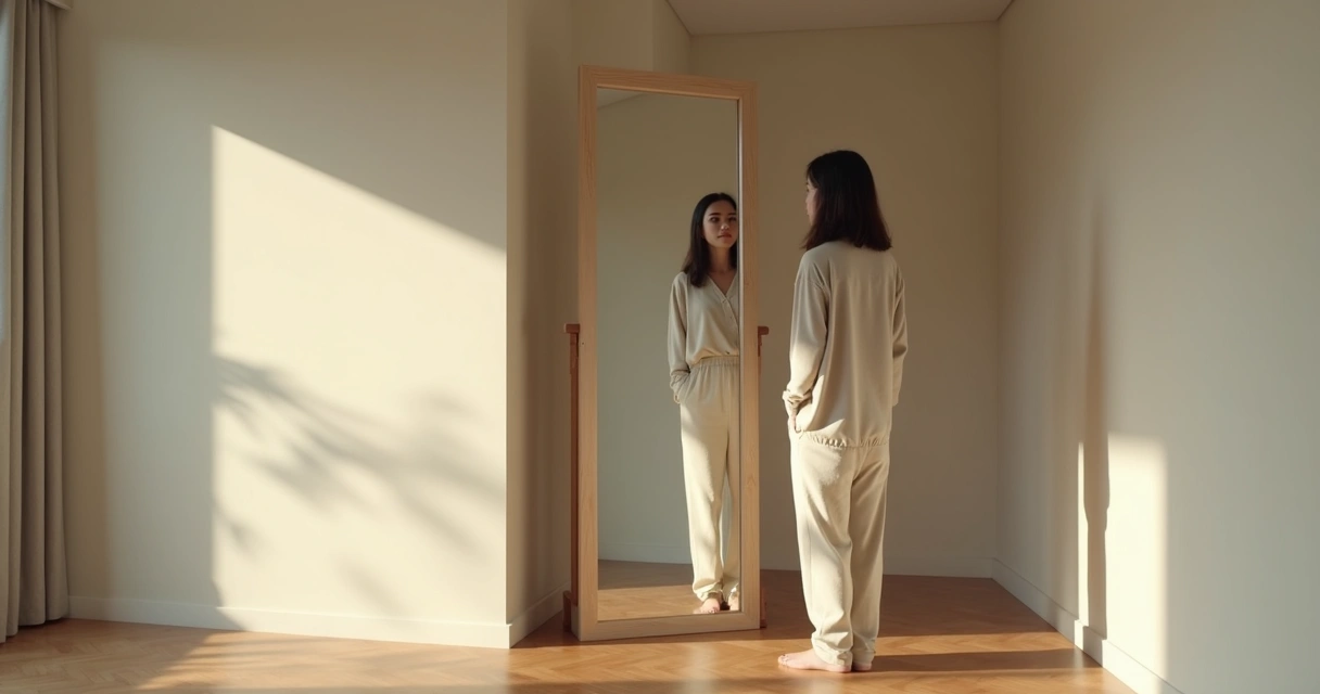 Pessoa observando o próprio reflexo em um espelho