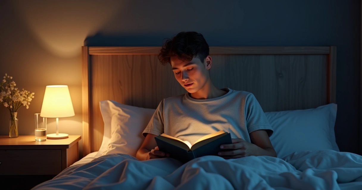 Pessoa lendo à noite com luz suave e ambiente tranquilo 