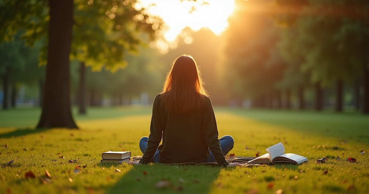 Pessoa sentada na grama relaxando em um parque, rodeada por árvores e luz suave ao entardecer. 