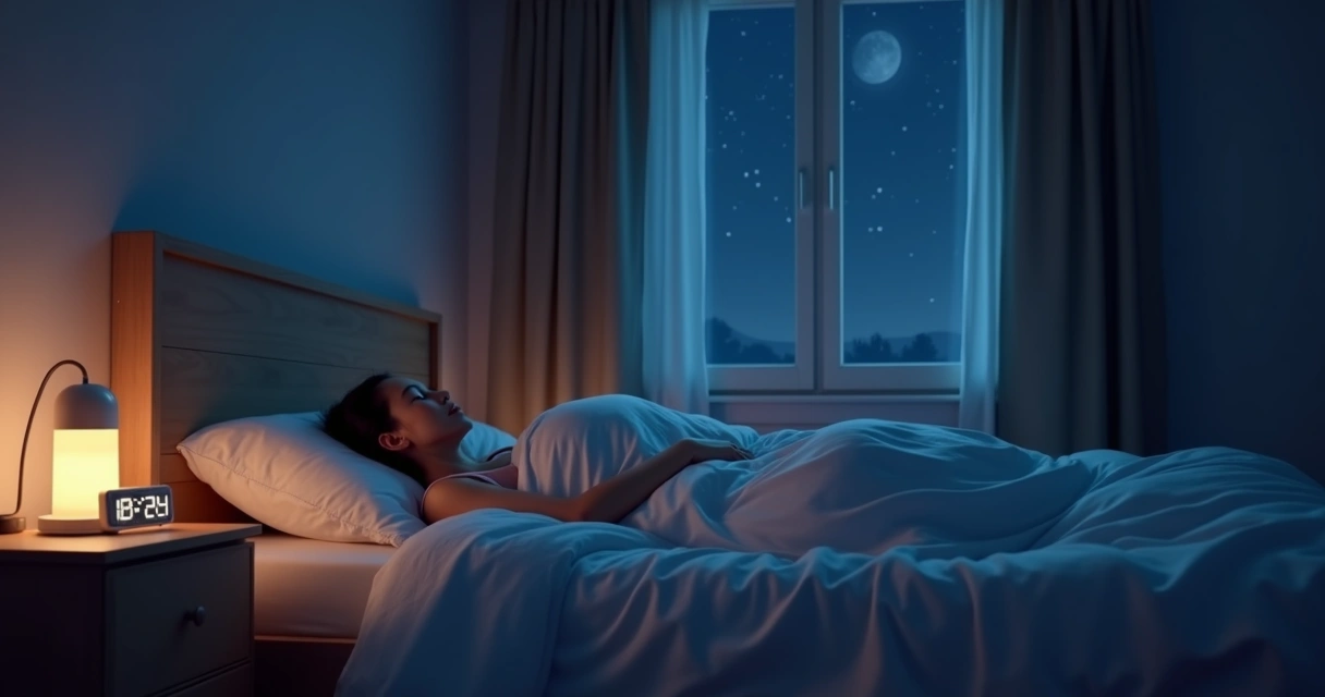 Pessoa relaxando na cama em quarto escuro e confortável para dormir 