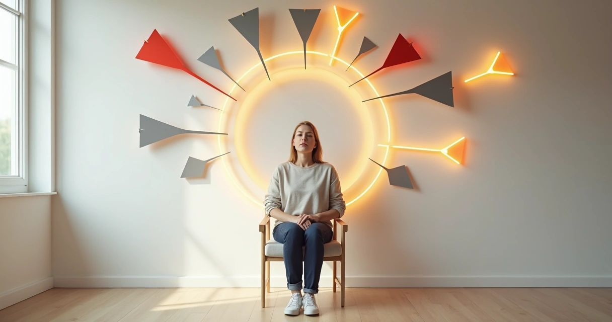 Pessoa sentada em meio a setas de críticas permanecendo calma e centrada 