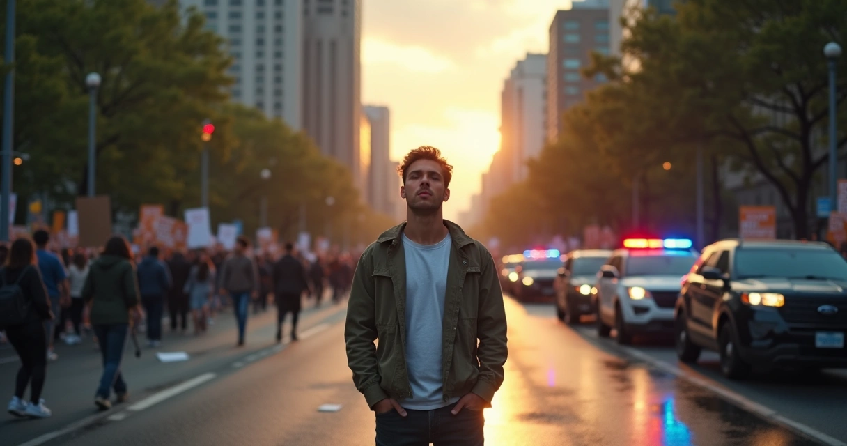 Pessoa calma em meio a manifestação urbana tensa 