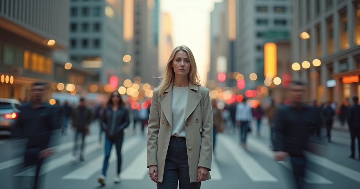 Pessoa calma em pé no meio de uma cidade borrada em movimento 