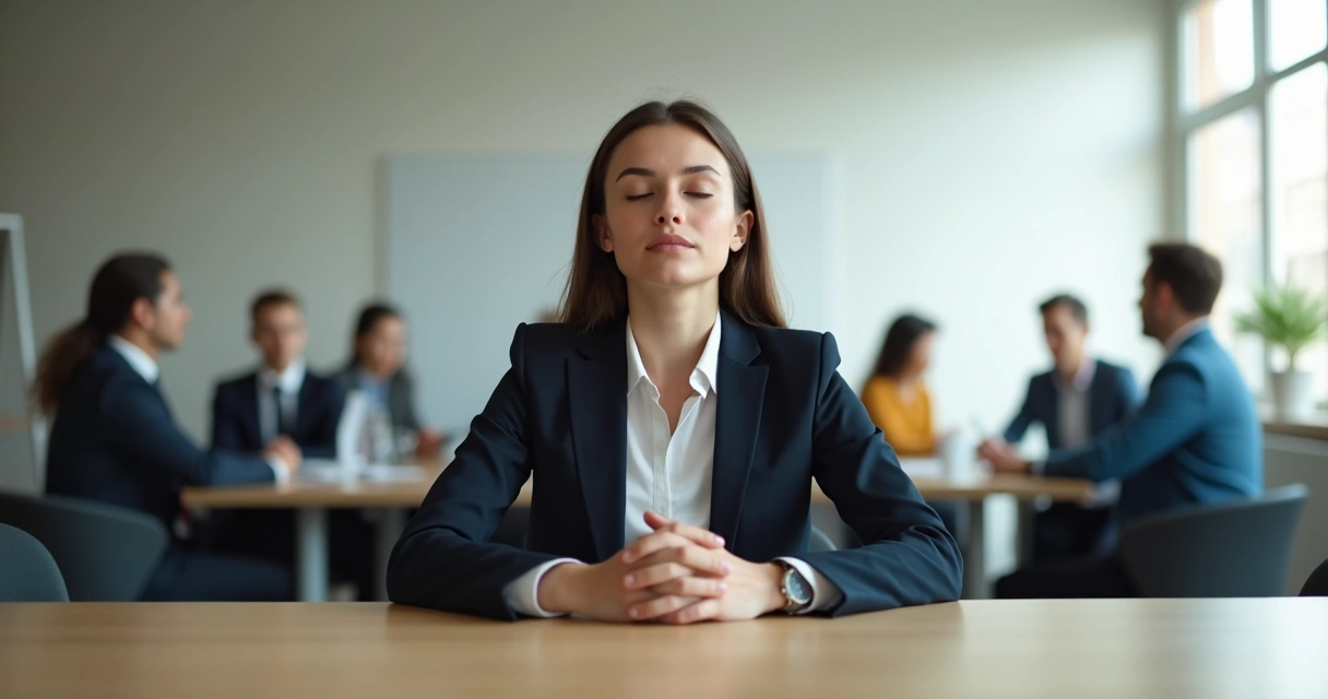 Pessoa praticando respiração profunda antes de reunião 