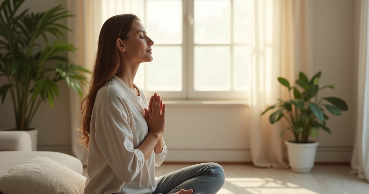 Pessoa em postura relaxada, respirando profundamente, olhos fechados, ambiente calmo 