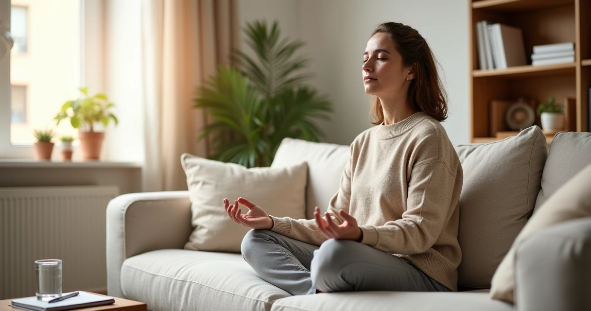 Adulto sentado em casa praticando respiração profunda e autoconsciência 