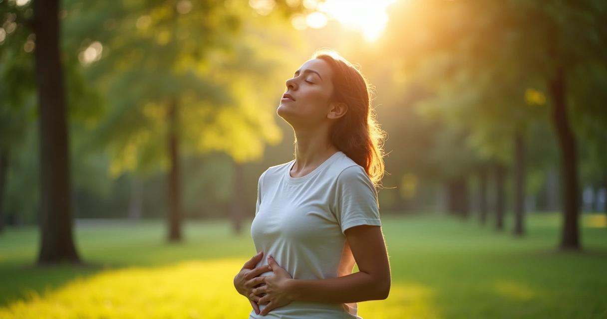 Pessoa faz respiração profunda em parque