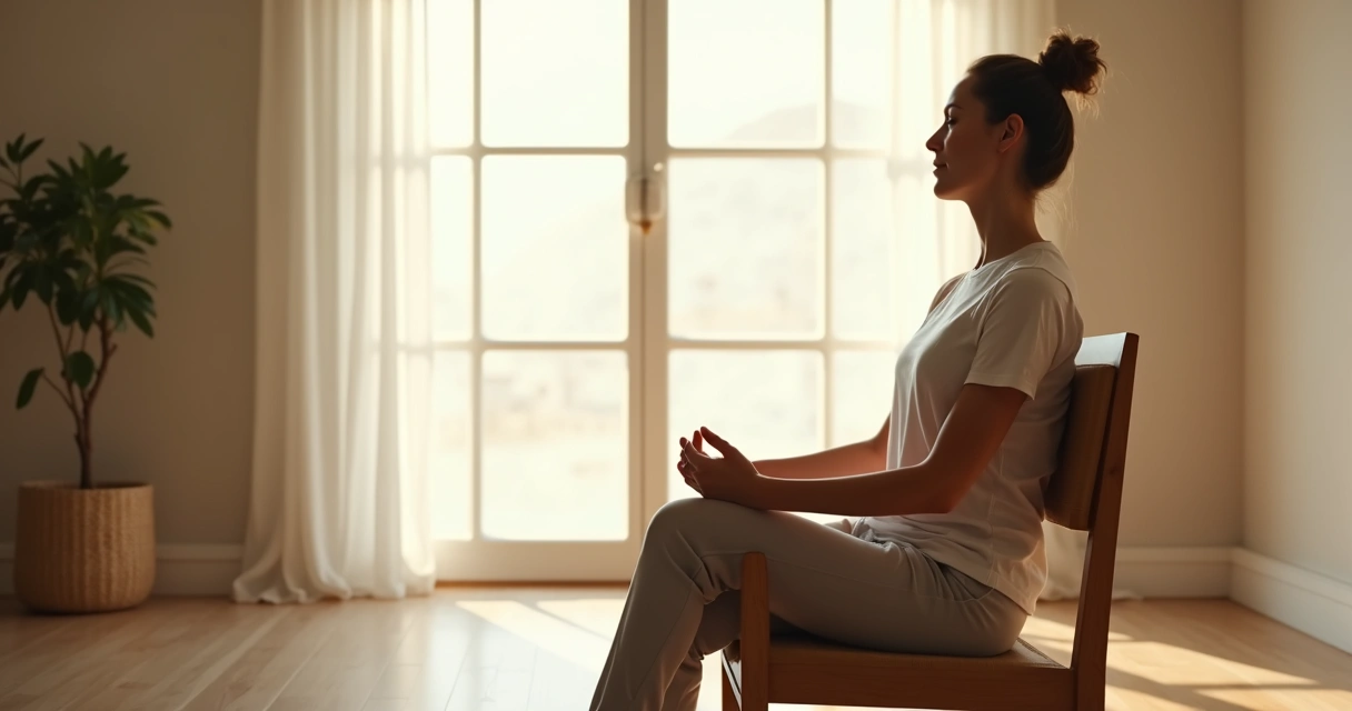Pessoa sente calma ao respirar fundo, sentada em uma cadeira de madeira clara, mãos sobre o colo, ambiente iluminado por luz natural da janela ao fundo 