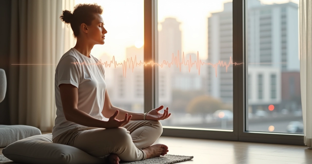 Pessoa sentada em posição meditativa respirando conscientemente em ambiente urbano ao fundo 