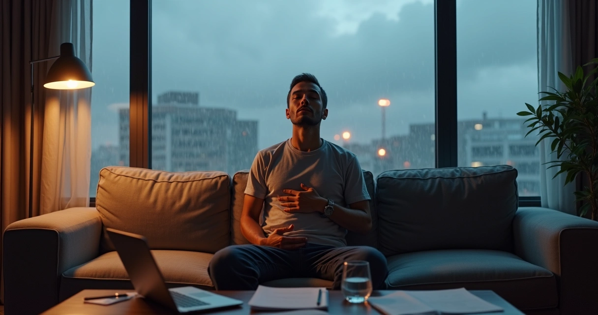 Pessoa sentada respirando fundo em meio a ambiente caótico 