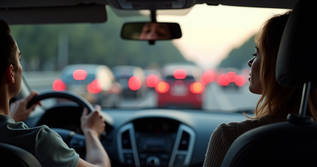 Pessoa fecha os olhos e respira fundo em meio ao trânsito parado visto de dentro do carro 