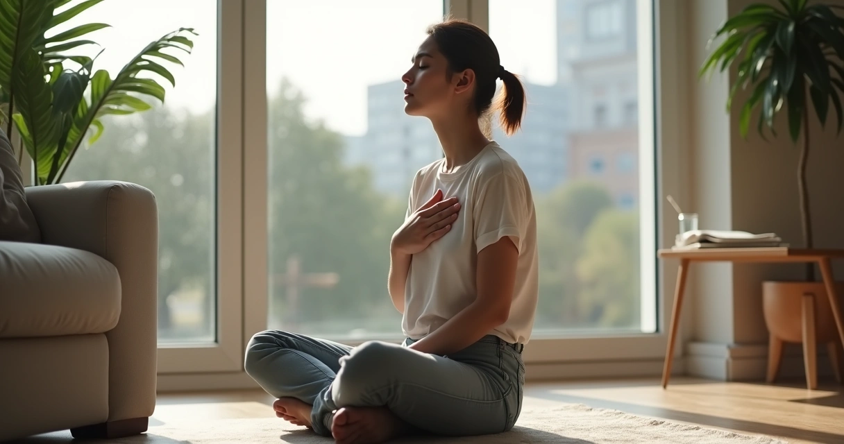 Pessoa sentada perto da janela praticando respiração para acalmar emoções intensas 