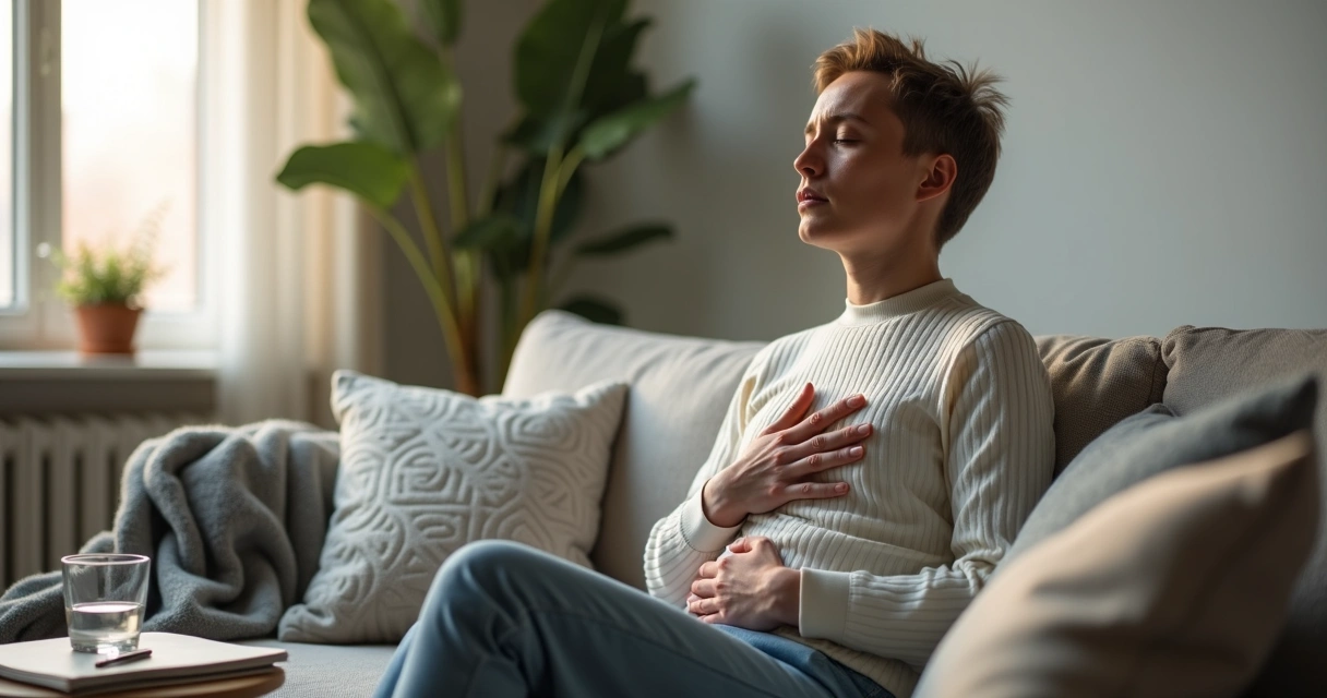 Pessoa sentada no sofá respirando fundo para acalmar emoções intensas 