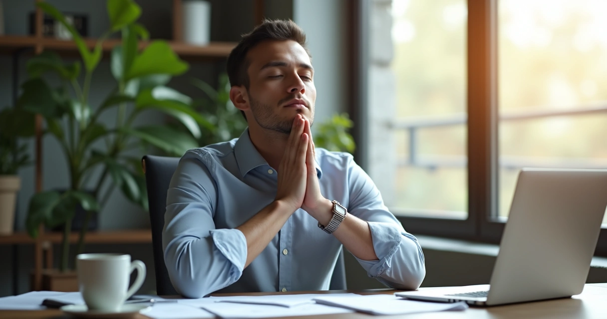 Profissional sentado, olhos fechados, respirando fundo em mesa de escritório 