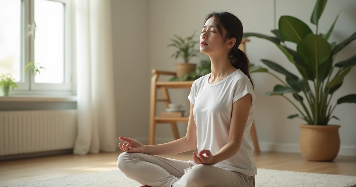 Pessoa sentada respirando profundamente com olhos fechados 