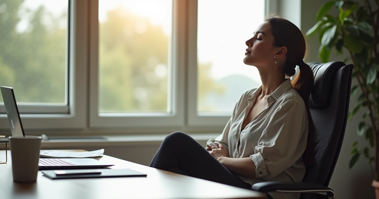 Mulher sentada em cadeira respira fundo no escritório, olhos fechados 