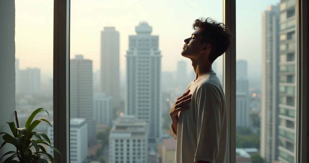 Pessoa próxima de uma janela respirando profundamente com vista para prédios