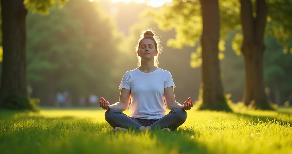 Pessoa praticando respiração consciente ao ar livre, com árvores ao fundo 