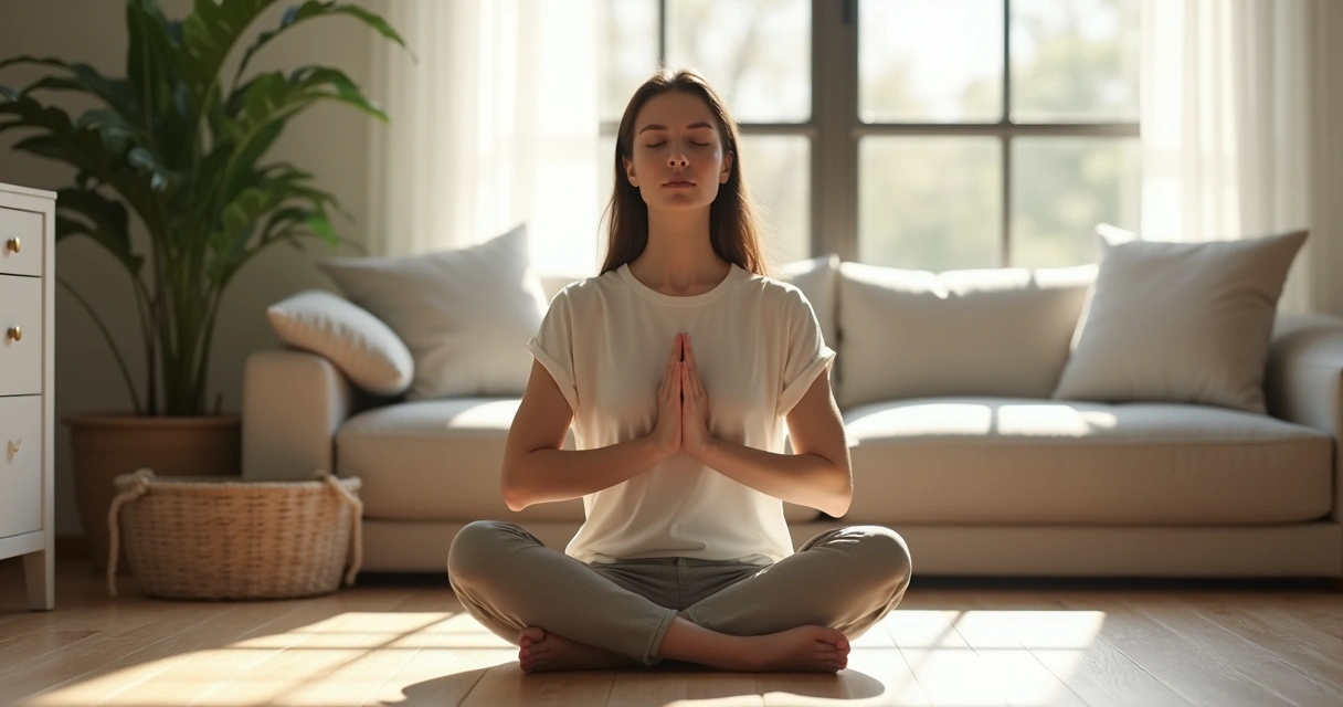 Pessoa sentada em posição de meditação respirando profundamente 