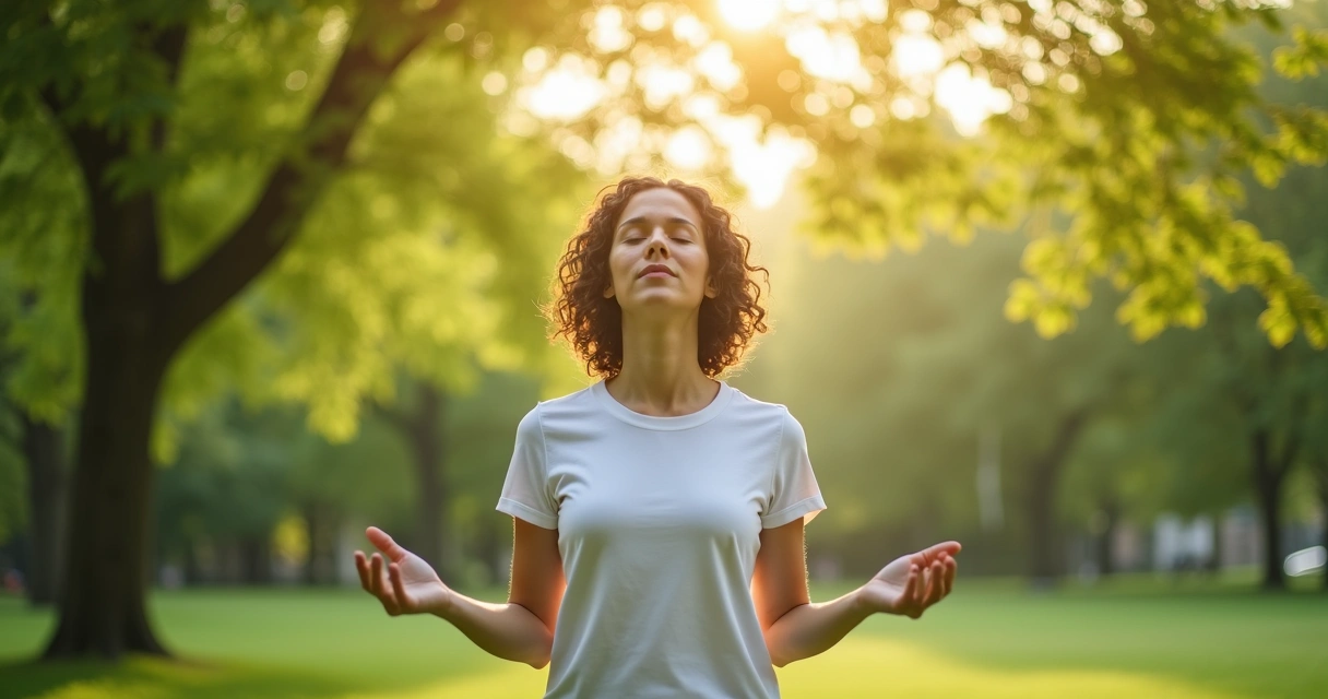 Pessoa respirando profundamente em ambiente ao ar livre