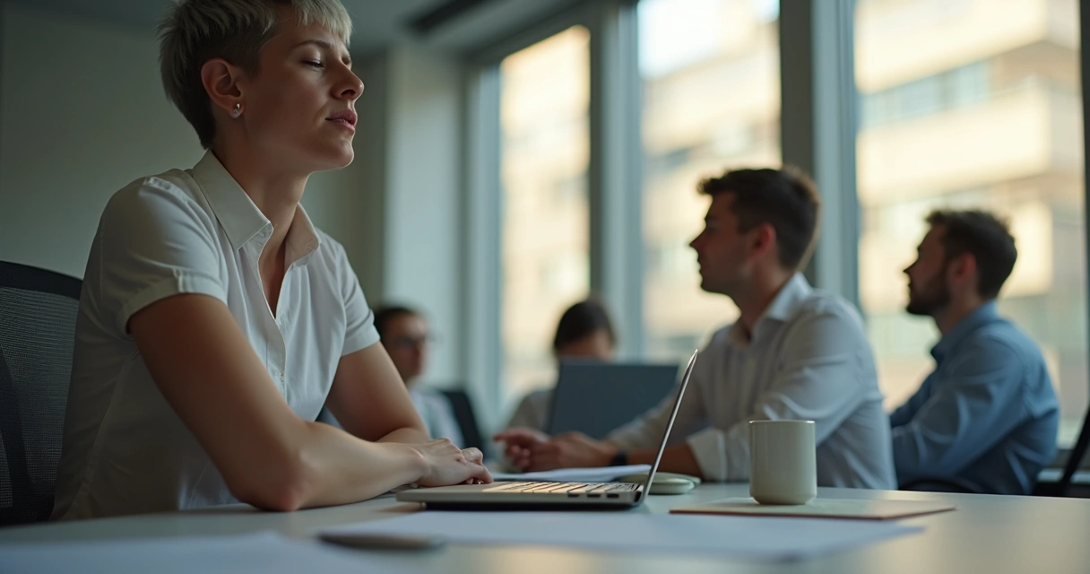 Pessoa de olhos abertos respirando fundo em ambiente de trabalho 