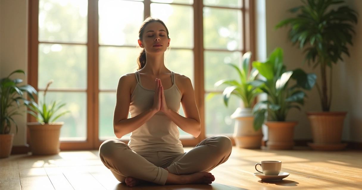 Pessoa sentada respirando profundamente em ambiente tranquilo 