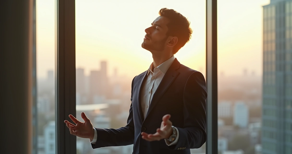 Pessoa de terno parado em janela de prédio respirando fundo 