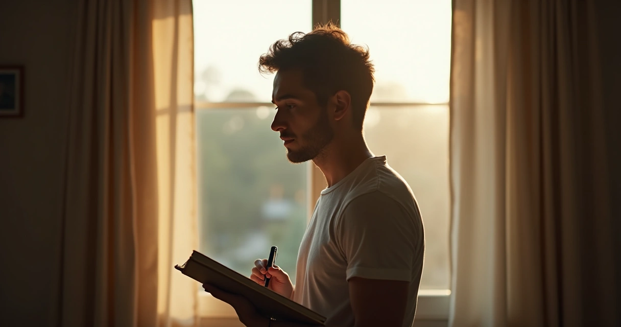 Pessoa adulta olhando pela janela, metade em sombra e metade iluminada 