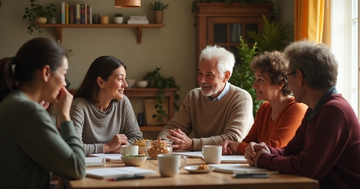 Grupo de pessoas conversando ao redor de uma mesa 