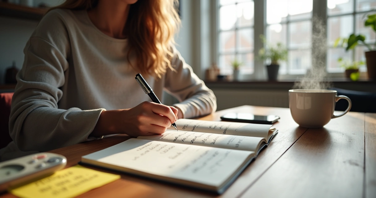 Pessoa sentada à mesa refletindo e revisando escolhas da rotina com caderno de anotações 
