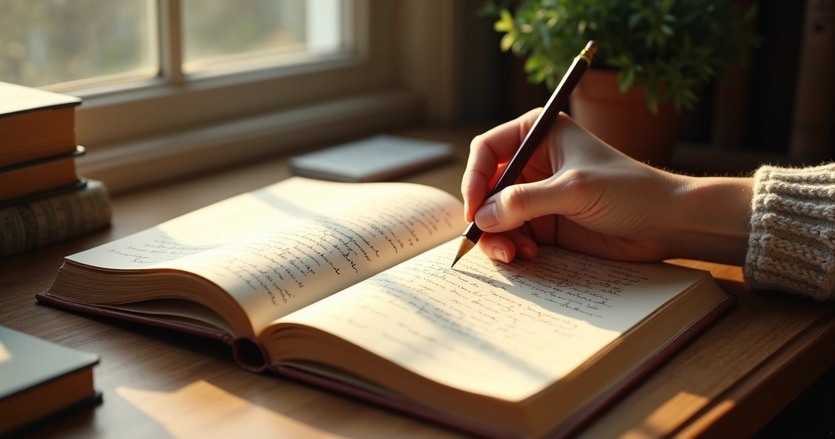 Pessoa lendo e revisando um diário com lápis na mão 