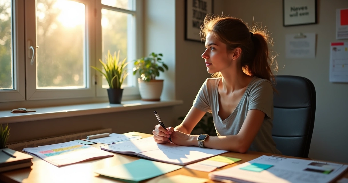 Pessoa sentada analisando anotações sobre metas e propósitos