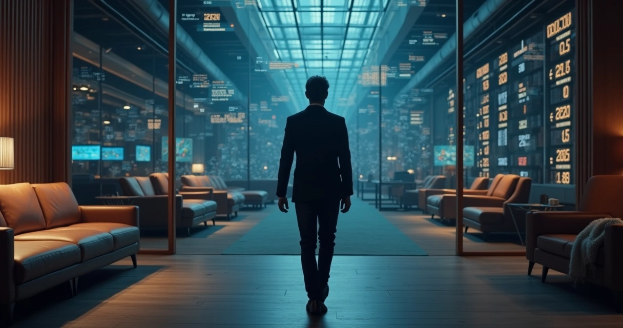 Pessoa caminhando de uma área clara para um ambiente escuro de gráficos financeiros. 