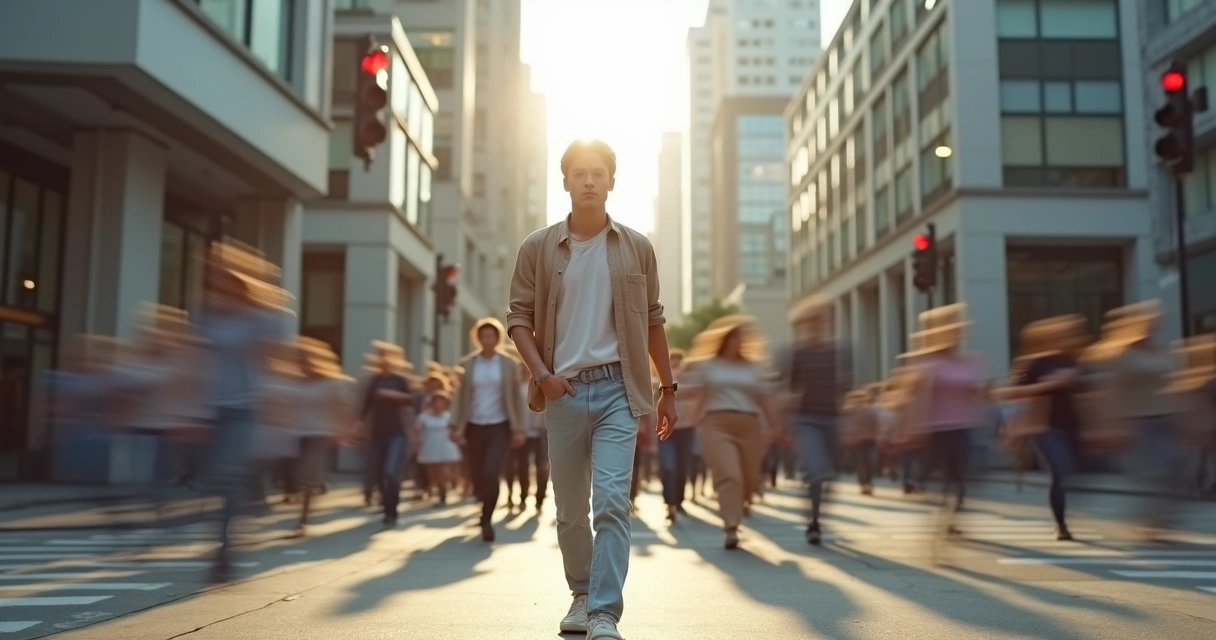 Pessoa parada em calçada movimentada enquanto a multidão passa borrada ao redor 