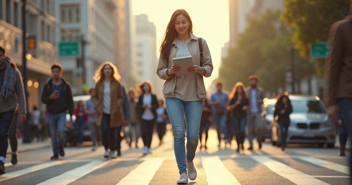 Pessoa caminhando consciente em meio à multidão desfocada 