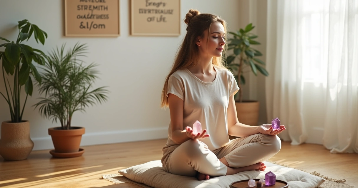 Pessoa meditando com cristais sentada em almofadão em quarto sereno