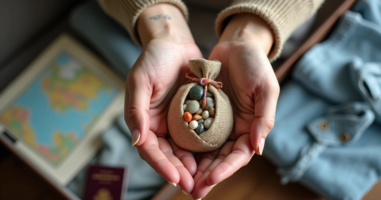 Mãos femininas segurando amuleto de viagem na frente de mala de viagem 