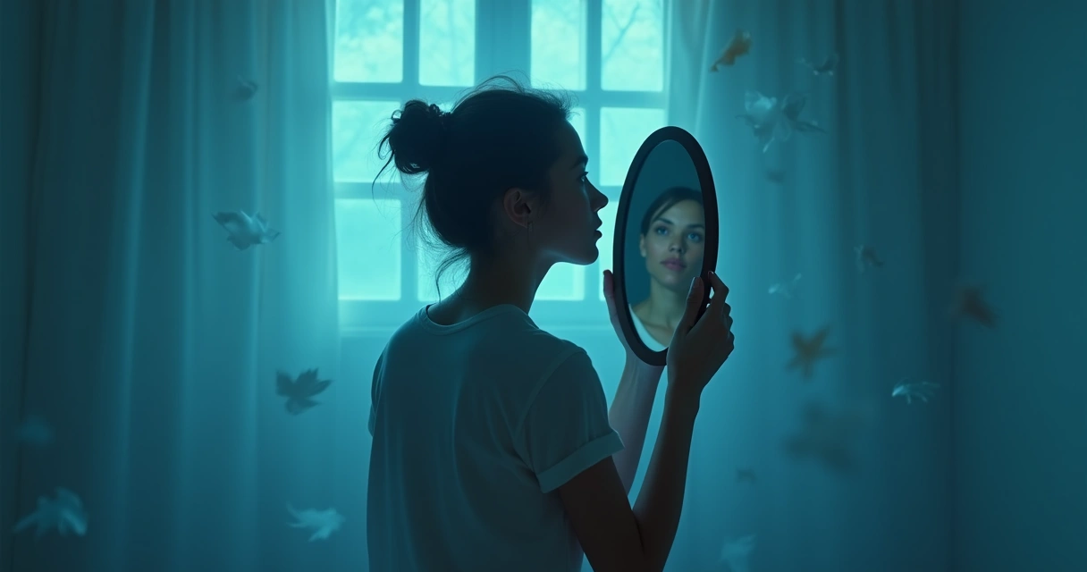 Pessoa segurando espelho refletindo expressão pensativa 