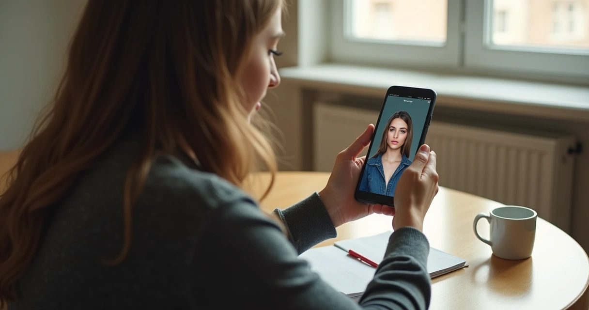 Pessoa olhando para a tela do celular sem filtros visuais 