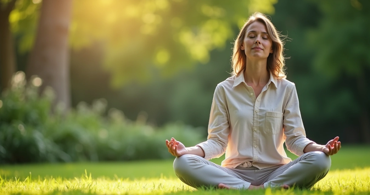 Pessoa sentada em posição de meditação em um jardim verde