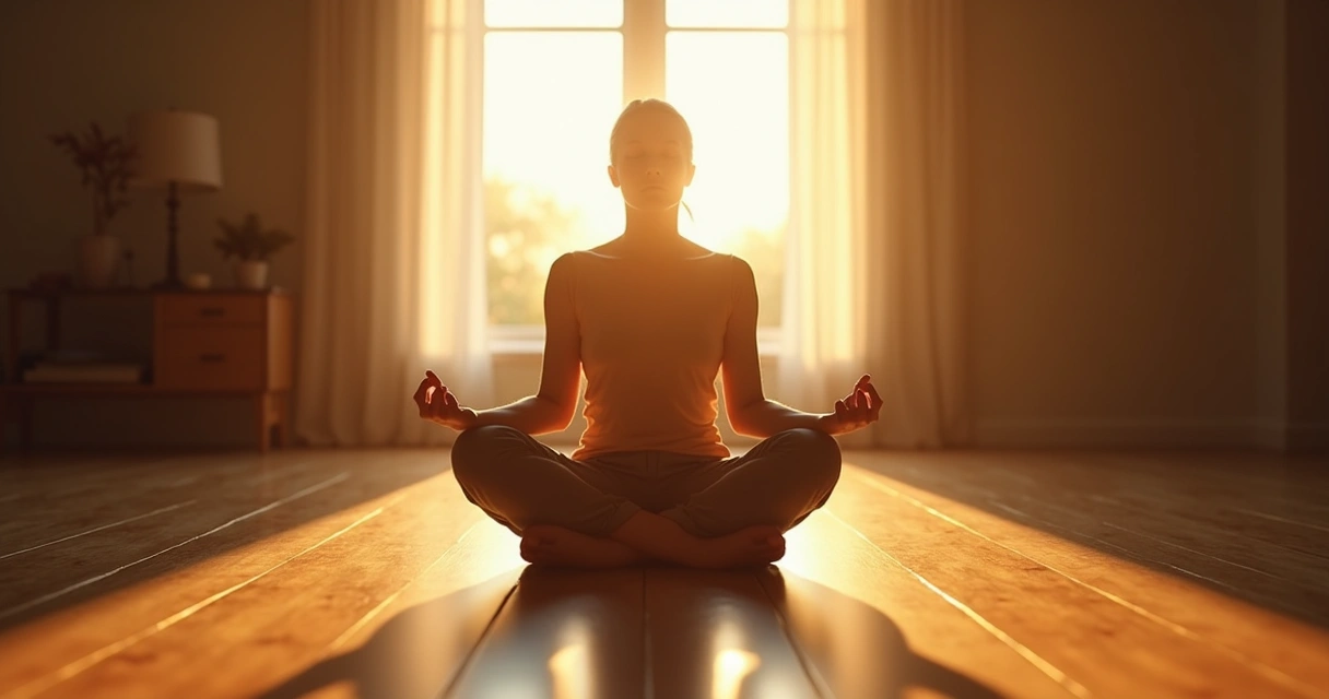 Pessoa sentada em meditação com raios de sol ao fundo.