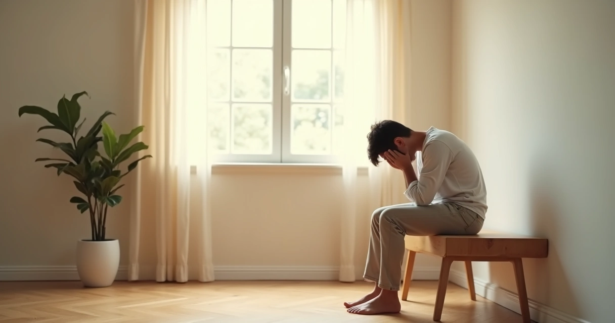 Pessoa sentada refletindo consigo mesma em ambiente tranquilo 
