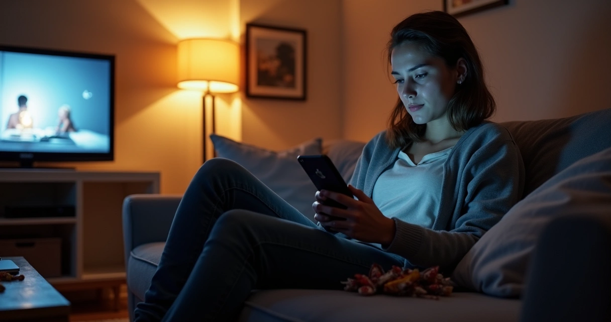 Pessoa sentada no sofá olhando fixamente para o celular. 