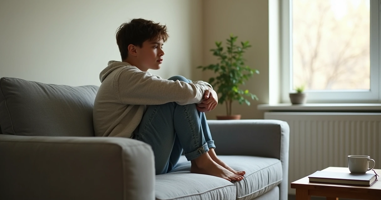 Pessoa sentada em sofá olhando pela janela com expressão introspectiva 