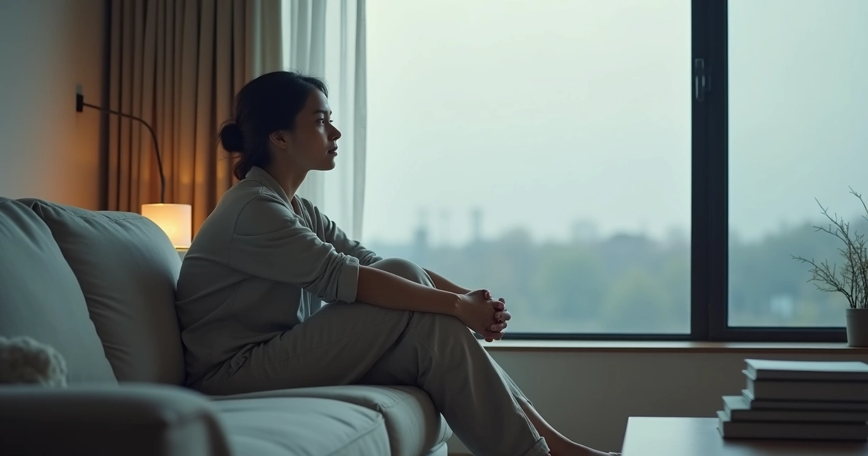 Pessoa sentada em sofá encarando janela em momento de reflexão emocional 