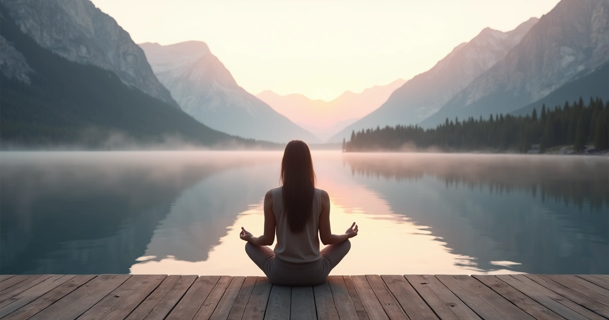 Pessoa sentada em silêncio olhando para uma paisagem de montanhas ao amanhecer 
