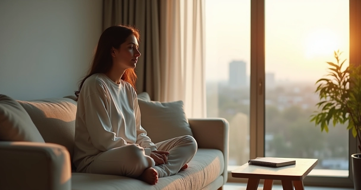 Pessoa sentada em silêncio refletindo em frente à janela 