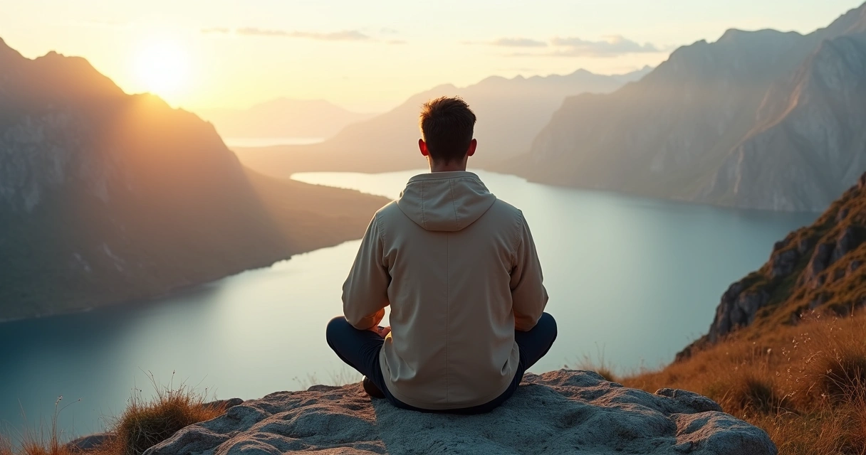 Pessoa sentada em penhasco contemplando paisagem montanhosa em silêncio ao amanhecer 