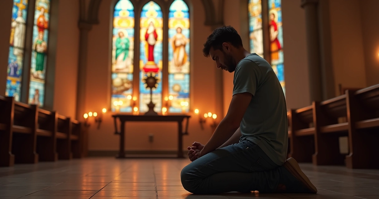 Pessoa ajoelhada em oração diante do ostensório com luz suave e vitrais ao fundo 
