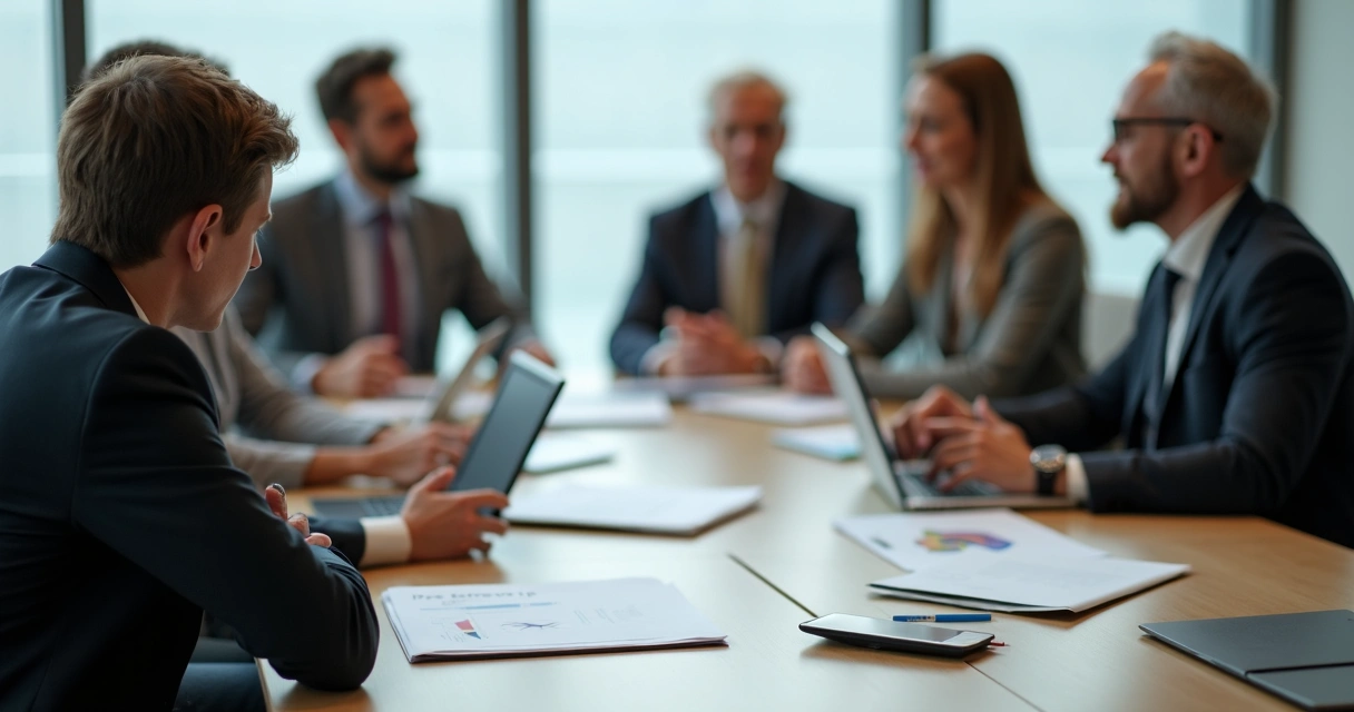 Pessoa calada em reunião olhando para baixo enquanto colegas conversam 